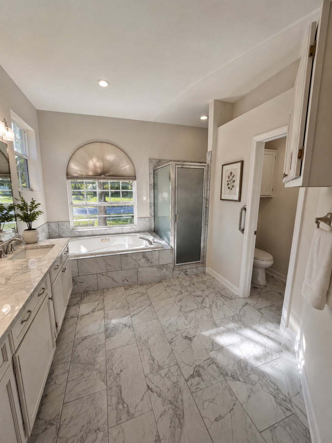 Completed primary bathroom renovation with natural stone tile, soaking tub, and walk-in shower